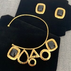 Unique Gold Tone Jewelry Set - Geometric Shapes with Black Stones